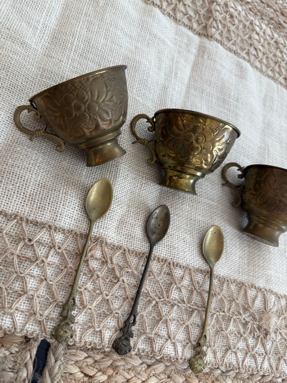 Vintage Floral Embossed brass Tea Cups with Spoons - Picture 2 of 10